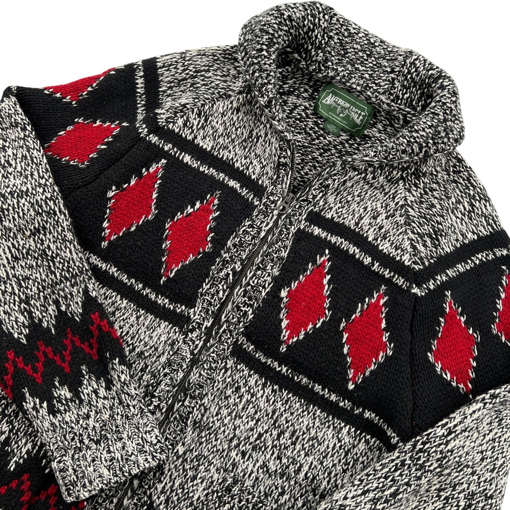 American Eagle Full Zip Cardigan Mens Large Black Red Fair Isle Shawl Sweater